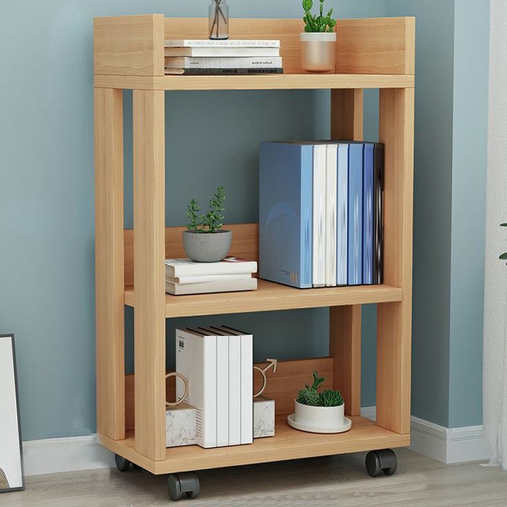 Contemporary Wooden Kids Bookcase with 4 Wheels for Study Room - Natural Finish 18_L x 9_W x 27_H Casters Included Baby & Kids Bookcases